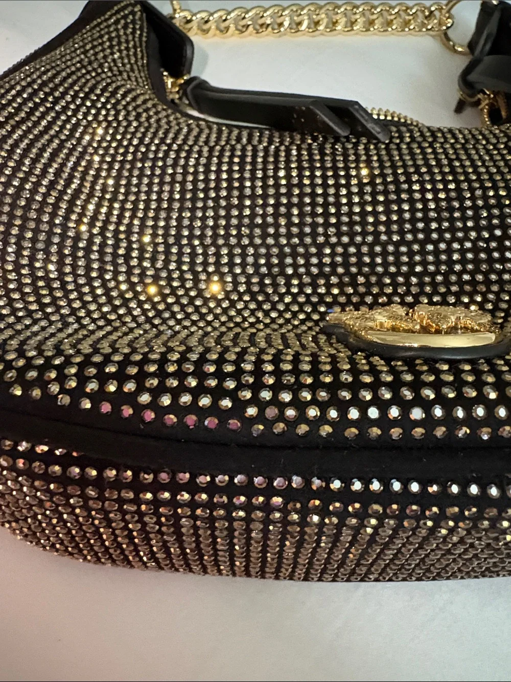 PINKO NEW Brioche bag in black with gold tone rhinestones and gold love birds.